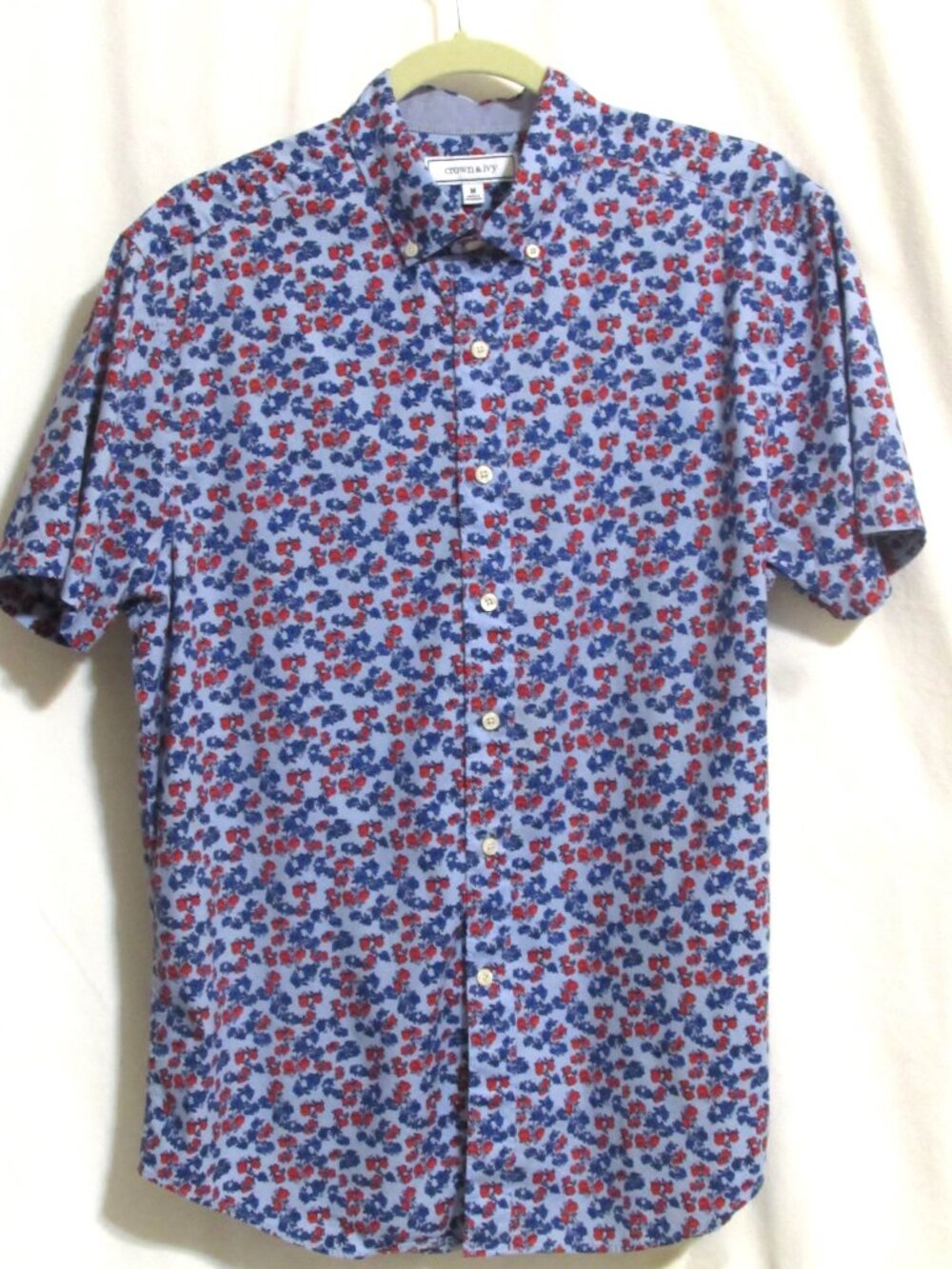 New Men's CROWN & IVY Blue & Red Floral Cotton Blend Button Down Shirt M